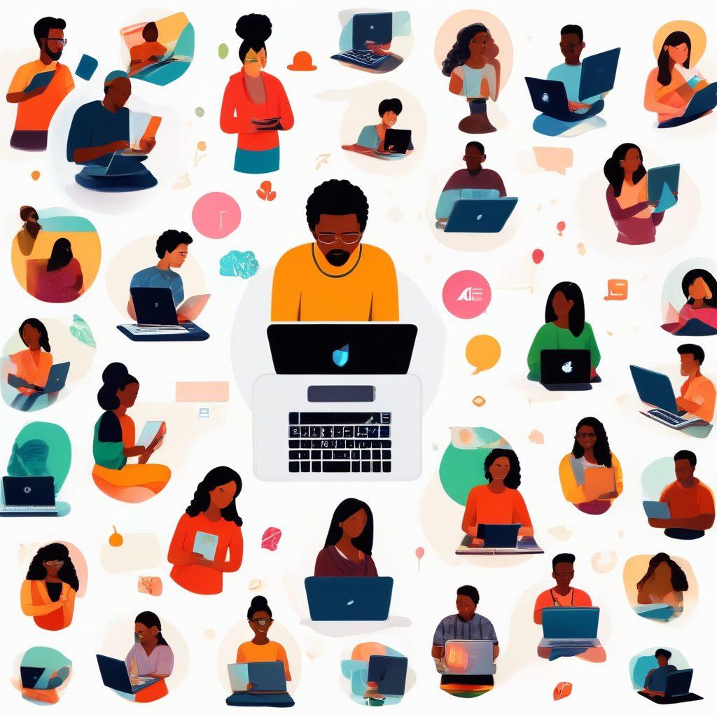 A vibrant collage showcasing diverse individuals in a digital sphere, each representing different cultures, with laptops and tablets in hand, sharing stories. Incorporate elements such as blogs, comment sections, and cultural symbols around them, emphasizing connection and dialogue. Use bright colors to signify engagement and creativity. vector art. vibrant colors. white background.