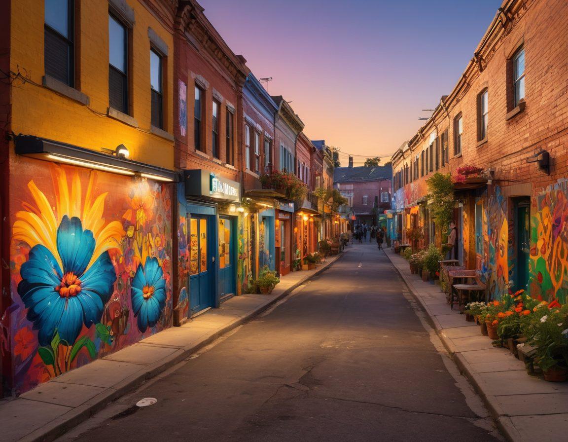 A vibrant street scene showcasing diverse neighborhoods, filled with storytellers and artists using digital devices to express their creativity. Include people of different backgrounds engaging in storytelling through various media like tablets, smartphones, and graffiti. Bright murals and colorful flowers line the streets, creating an inviting atmosphere for exploration. The sun sets in the background, casting warm hues across the scene. super-realistic. vibrant colors. 3D.