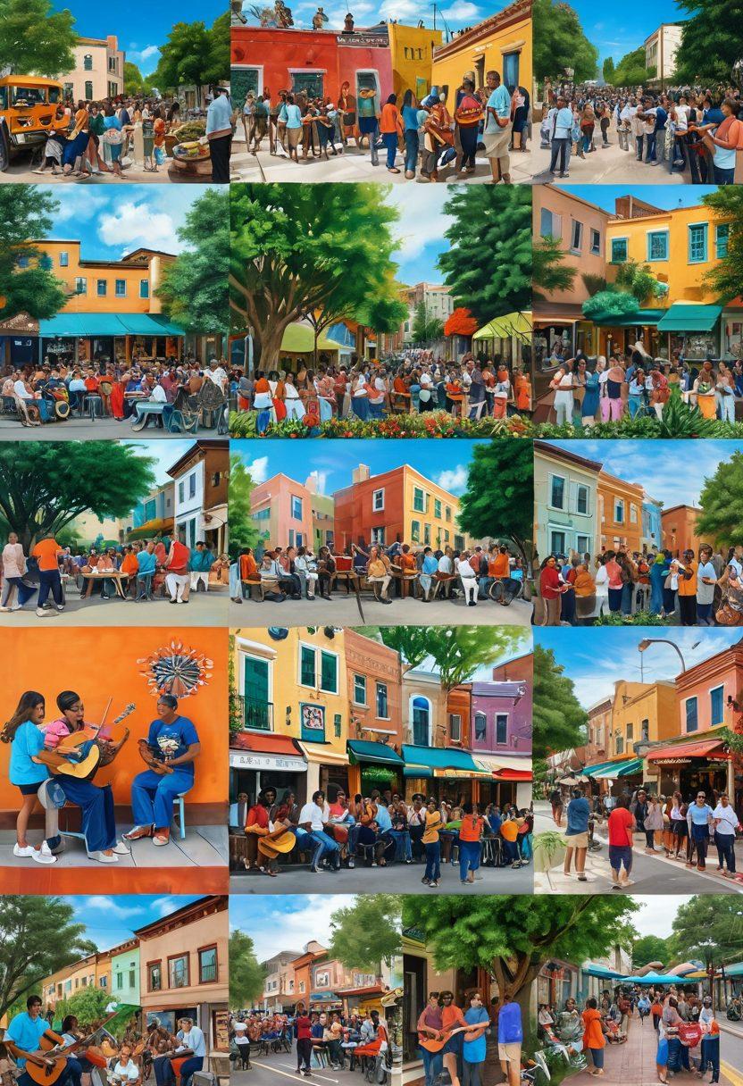 A collage showcasing diverse local cultural elements, featuring a joyful community gathering, artists painting murals, traditional musicians playing instruments, and colorful handicrafts displayed. The background includes lush greenery and cozy urban streets, symbolizing a vibrant community spirit. Captivating close-ups of local art and smiling faces to enhance the personal connection. super-realistic. vibrant colors. soft-focus.
